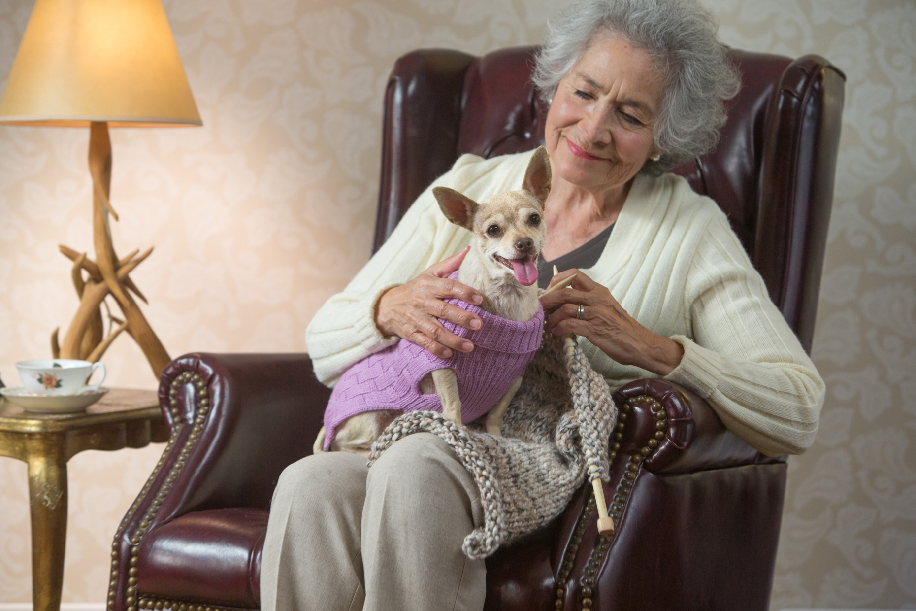 Commercial Lifestyle Photography | Senior woman knitting with dog 