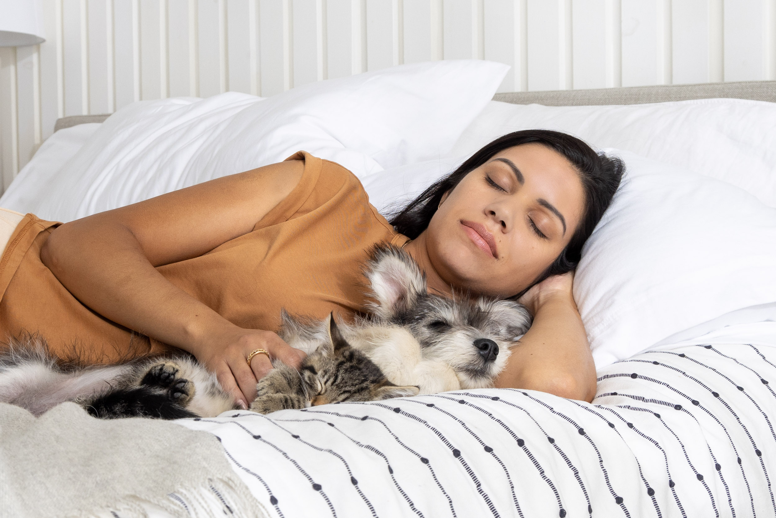 Pet Lifestyle Photography | Woman Asleep with Puppy and Kitten 